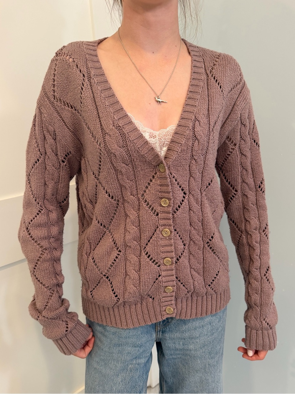 Brandy Melville John Galt Cable Knit V-Neck Cardigan Sweater Mauve